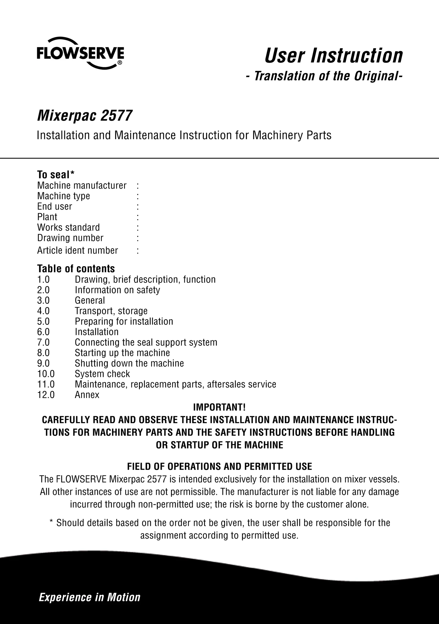 Mixerpac 2577密封 — 使用说明